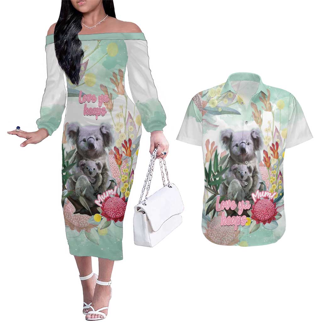 Koala Australia Mother's Day Personalised Couples Matching Off The Shoulder Long Sleeve Dress and Hawaiian Shirt Love ya Heaps Mum Watercolor