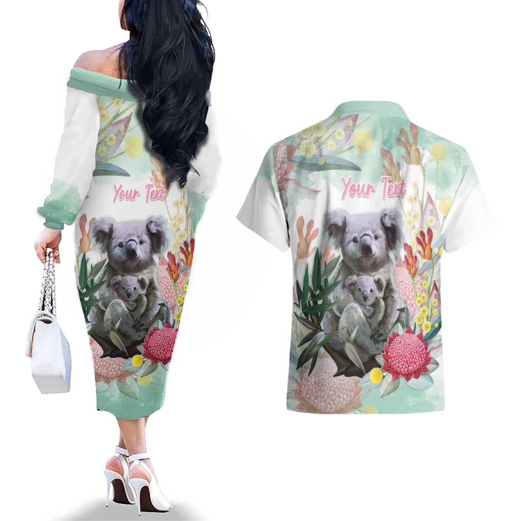 Koala Australia Mother's Day Personalised Couples Matching Off The Shoulder Long Sleeve Dress and Hawaiian Shirt Love ya Heaps Mum Watercolor