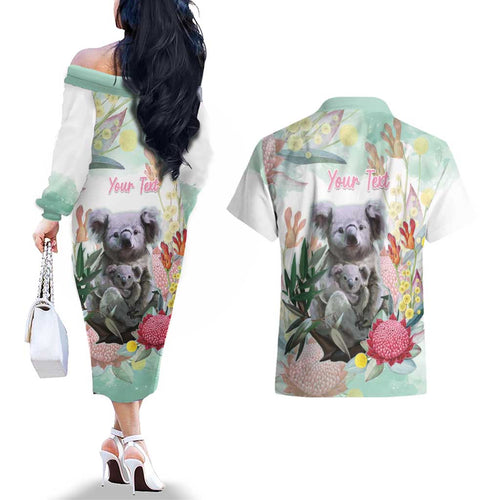 Koala Australia Mother's Day Personalised Couples Matching Off The Shoulder Long Sleeve Dress and Hawaiian Shirt Love ya Heaps Mum Watercolor