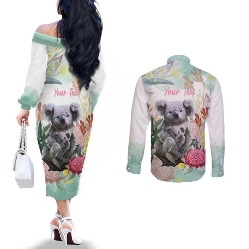 Koala Australia Mother's Day Personalised Couples Matching Off The Shoulder Long Sleeve Dress and Long Sleeve Button Shirt Love ya Heaps Mum Watercolor