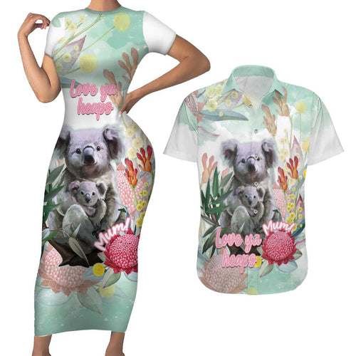 Koala Australia Mother's Day Personalised Couples Matching Short Sleeve Bodycon Dress and Hawaiian Shirt Love ya Heaps Mum Watercolor
