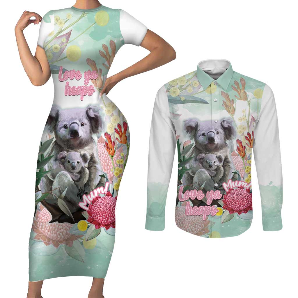 Koala Australia Mother's Day Personalised Couples Matching Short Sleeve Bodycon Dress and Long Sleeve Button Shirt Love ya Heaps Mum Watercolor