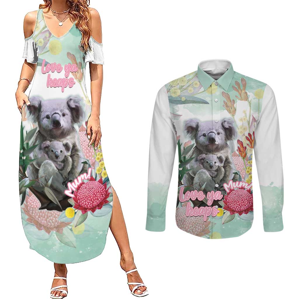 Koala Australia Mother's Day Personalised Couples Matching Summer Maxi Dress and Long Sleeve Button Shirt Love ya Heaps Mum Watercolor