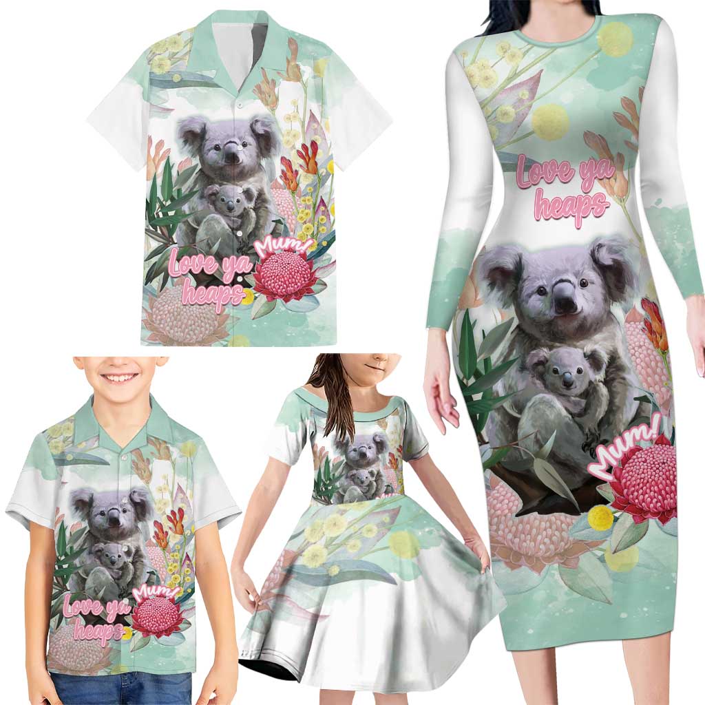 Koala Australia Mother's Day Personalised Family Matching Long Sleeve Bodycon Dress and Hawaiian Shirt Love ya Heaps Mum Watercolor