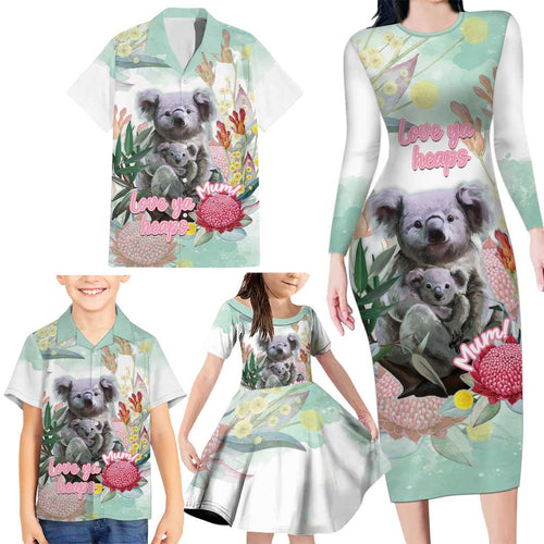 Koala Australia Mother's Day Personalised Family Matching Long Sleeve Bodycon Dress and Hawaiian Shirt Love ya Heaps Mum Watercolor