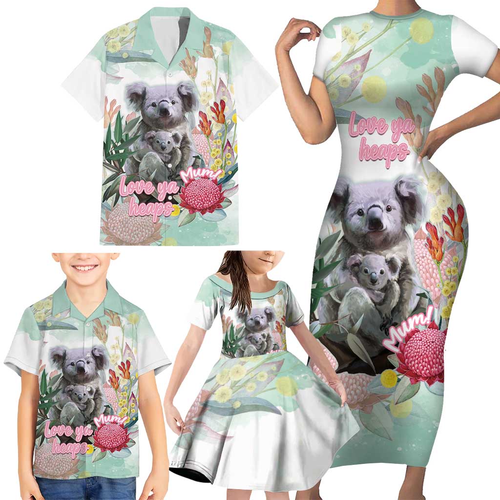 Koala Australia Mother's Day Personalised Family Matching Short Sleeve Bodycon Dress and Hawaiian Shirt Love ya Heaps Mum Watercolor
