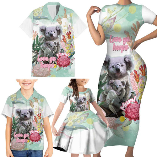 Koala Australia Mother's Day Personalised Family Matching Short Sleeve Bodycon Dress and Hawaiian Shirt Love ya Heaps Mum Watercolor