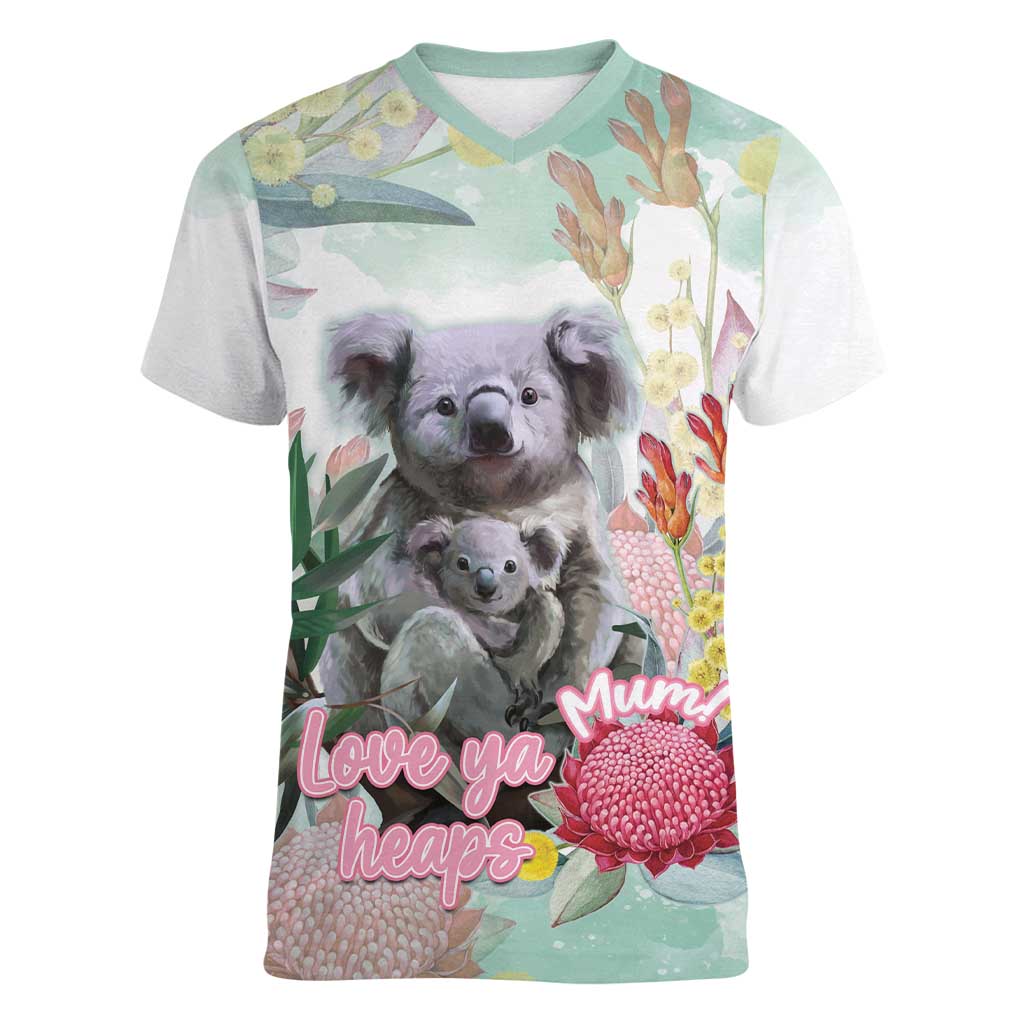 Koala Australia Mother's Day Personalised Women V-Neck T-Shirt Love ya Heaps Mum Watercolor