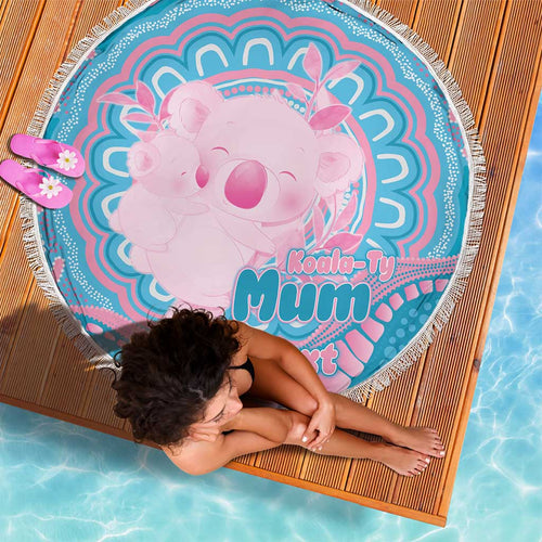 Koala Mum Australia Mother's Day Personalised Beach Blanket Pink and Blue Aboriginal Art
