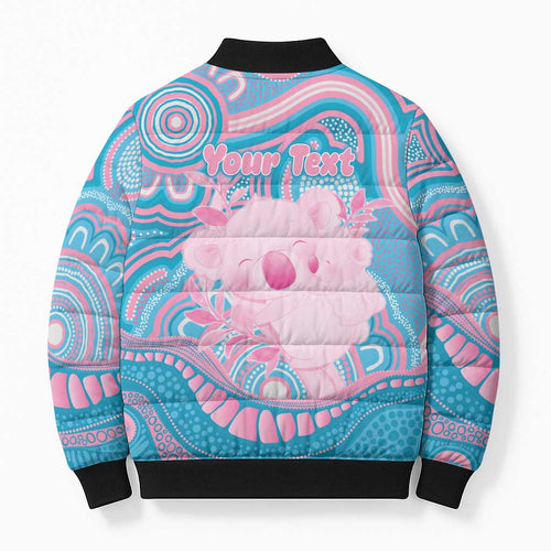 Koala Mum Australia Mother's Day Personalised Bomber Puffer Jacket Pink and Blue Aboriginal Art