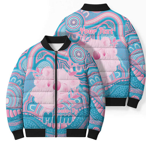 Koala Mum Australia Mother's Day Personalised Bomber Puffer Jacket Pink and Blue Aboriginal Art