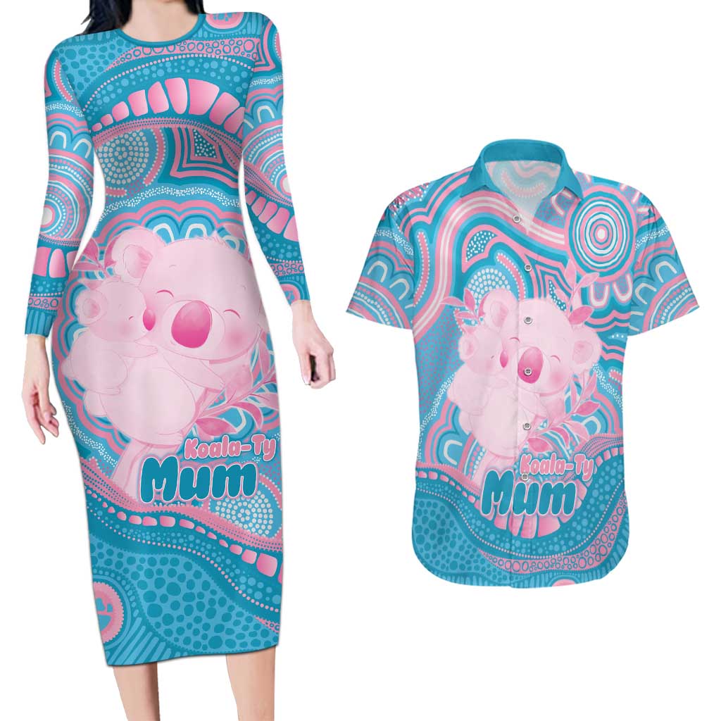 Koala Mum Australia Mother's Day Personalised Couples Matching Long Sleeve Bodycon Dress and Hawaiian Shirt Pink and Blue Aboriginal Art