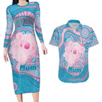 Koala Mum Australia Mother's Day Personalised Couples Matching Long Sleeve Bodycon Dress and Hawaiian Shirt Pink and Blue Aboriginal Art