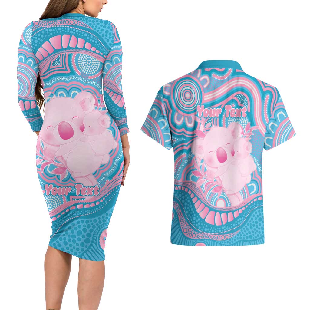 Koala Mum Australia Mother's Day Personalised Couples Matching Long Sleeve Bodycon Dress and Hawaiian Shirt Pink and Blue Aboriginal Art
