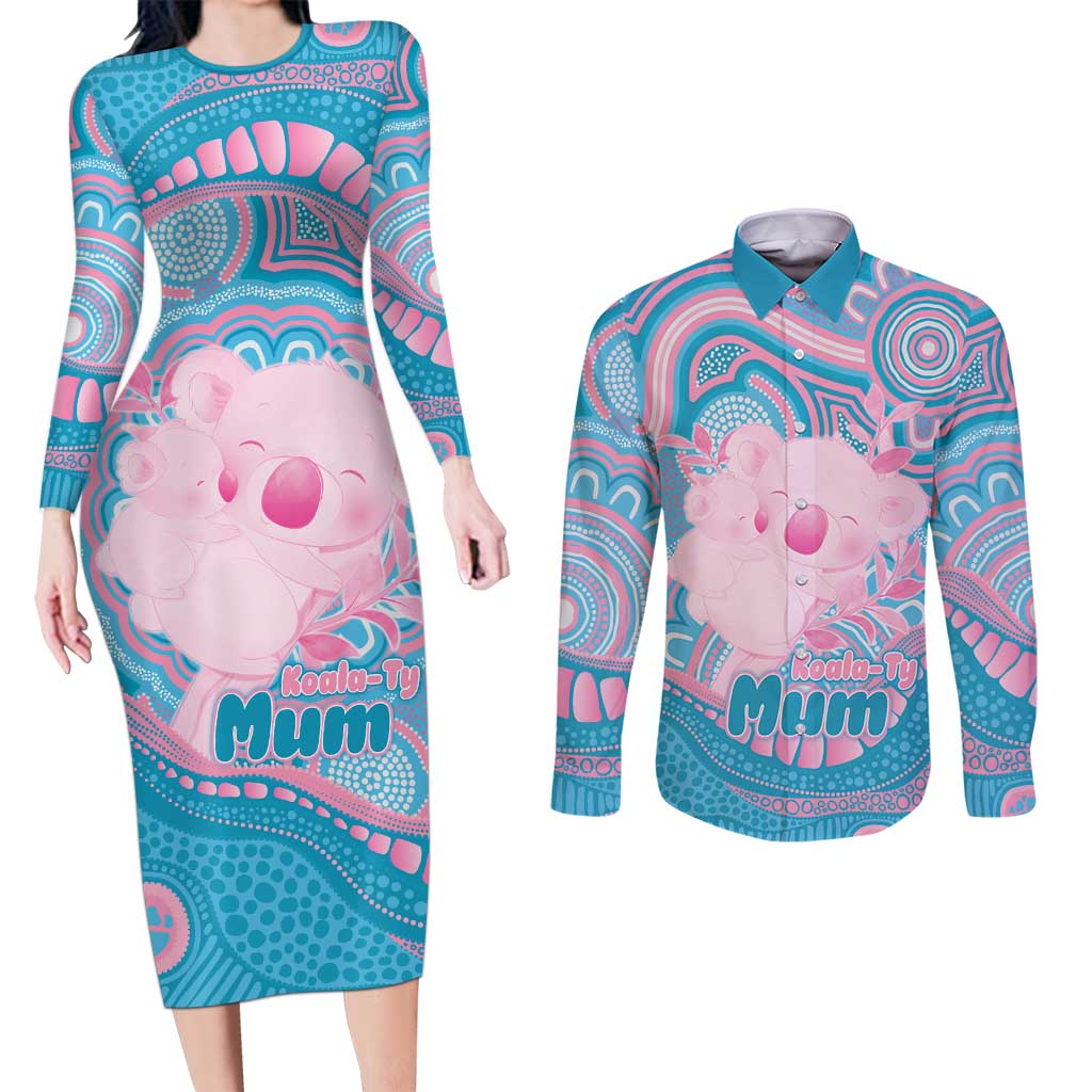 Koala Mum Australia Mother's Day Personalised Couples Matching Long Sleeve Bodycon Dress and Long Sleeve Button Shirt Pink and Blue Aboriginal Art