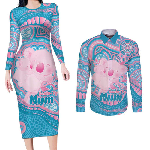 Koala Mum Australia Mother's Day Personalised Couples Matching Long Sleeve Bodycon Dress and Long Sleeve Button Shirt Pink and Blue Aboriginal Art