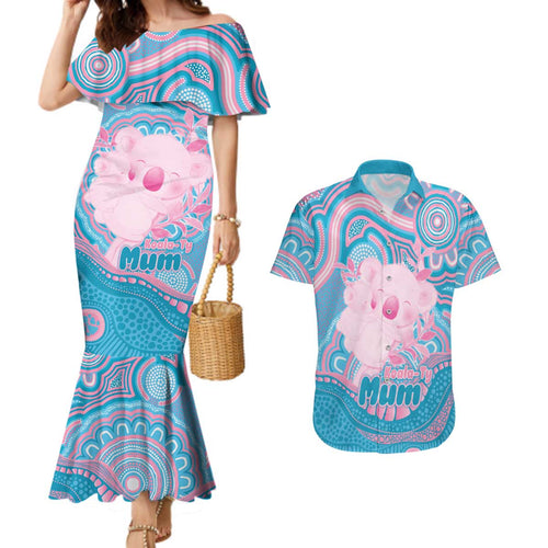 Koala Mum Australia Mother's Day Personalised Couples Matching Mermaid Dress and Hawaiian Shirt Pink and Blue Aboriginal Art
