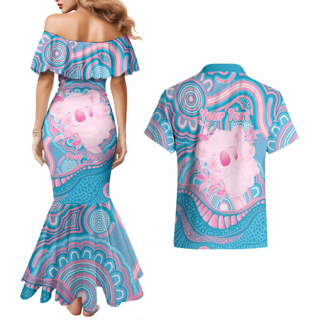 Koala Mum Australia Mother's Day Personalised Couples Matching Mermaid Dress and Hawaiian Shirt Pink and Blue Aboriginal Art