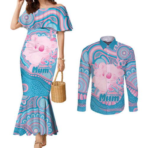 Koala Mum Australia Mother's Day Personalised Couples Matching Mermaid Dress and Long Sleeve Button Shirt Pink and Blue Aboriginal Art