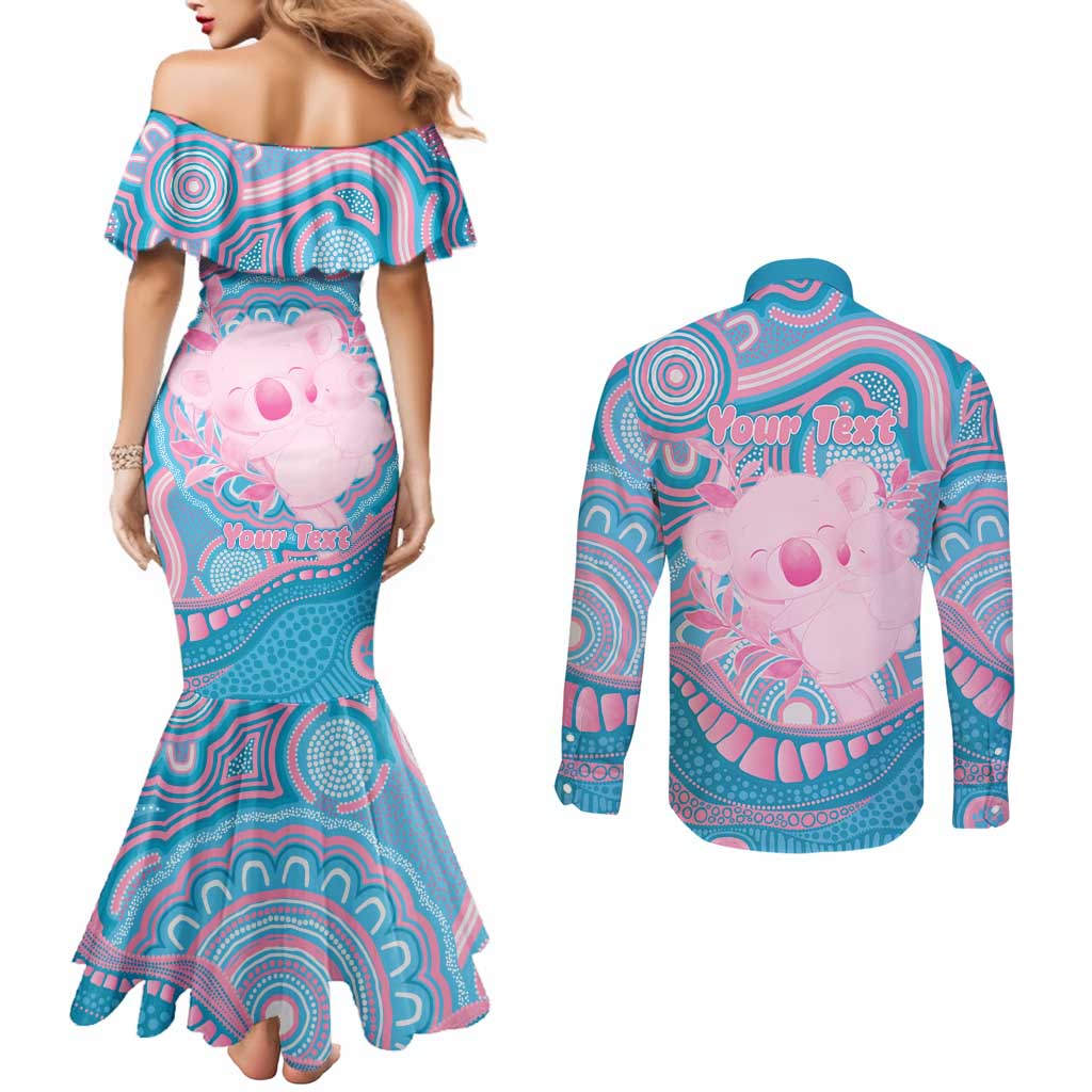 Koala Mum Australia Mother's Day Personalised Couples Matching Mermaid Dress and Long Sleeve Button Shirt Pink and Blue Aboriginal Art