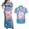 Koala Mum Australia Mother's Day Personalised Couples Matching Off Shoulder Maxi Dress and Hawaiian Shirt Pink and Blue Aboriginal Art