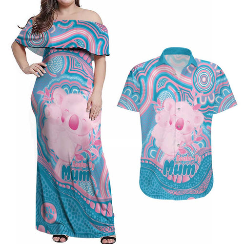 Koala Mum Australia Mother's Day Personalised Couples Matching Off Shoulder Maxi Dress and Hawaiian Shirt Pink and Blue Aboriginal Art
