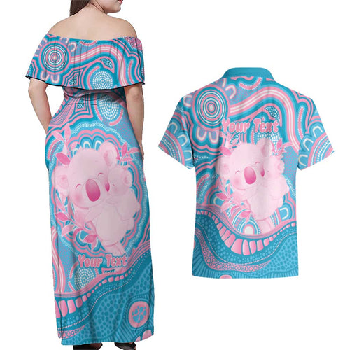 Koala Mum Australia Mother's Day Personalised Couples Matching Off Shoulder Maxi Dress and Hawaiian Shirt Pink and Blue Aboriginal Art