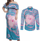 Koala Mum Australia Mother's Day Personalised Couples Matching Off Shoulder Maxi Dress and Long Sleeve Button Shirt Pink and Blue Aboriginal Art