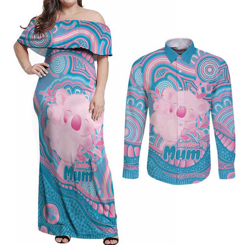 Koala Mum Australia Mother's Day Personalised Couples Matching Off Shoulder Maxi Dress and Long Sleeve Button Shirt Pink and Blue Aboriginal Art