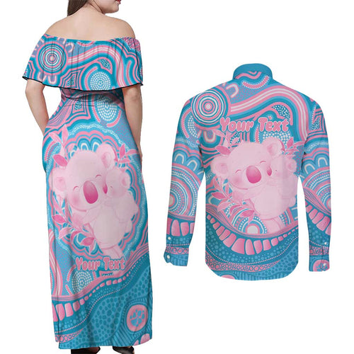 Koala Mum Australia Mother's Day Personalised Couples Matching Off Shoulder Maxi Dress and Long Sleeve Button Shirt Pink and Blue Aboriginal Art