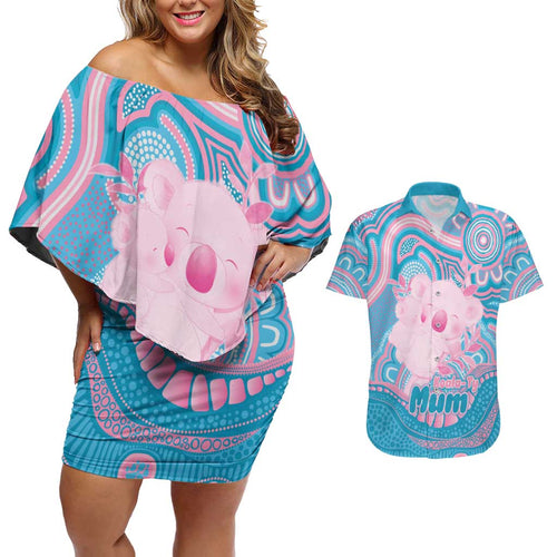 Koala Mum Australia Mother's Day Personalised Couples Matching Off Shoulder Short Dress and Hawaiian Shirt Pink and Blue Aboriginal Art