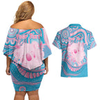 Koala Mum Australia Mother's Day Personalised Couples Matching Off Shoulder Short Dress and Hawaiian Shirt Pink and Blue Aboriginal Art