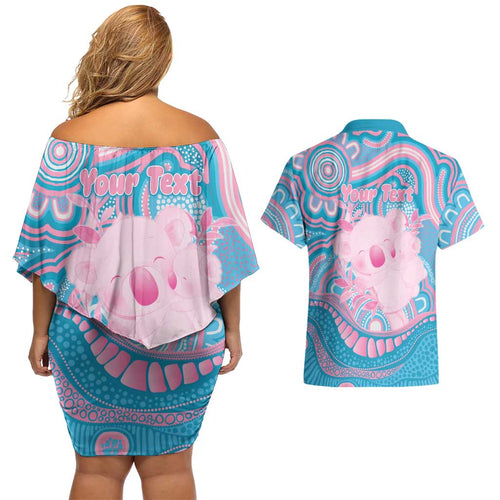 Koala Mum Australia Mother's Day Personalised Couples Matching Off Shoulder Short Dress and Hawaiian Shirt Pink and Blue Aboriginal Art