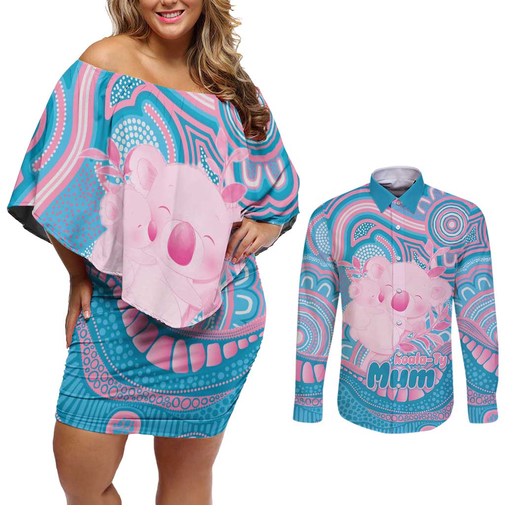 Koala Mum Australia Mother's Day Personalised Couples Matching Off Shoulder Short Dress and Long Sleeve Button Shirt Pink and Blue Aboriginal Art