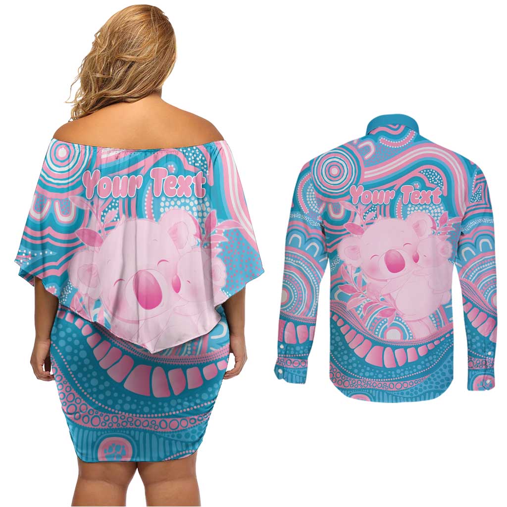 Koala Mum Australia Mother's Day Personalised Couples Matching Off Shoulder Short Dress and Long Sleeve Button Shirt Pink and Blue Aboriginal Art