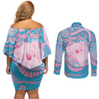 Koala Mum Australia Mother's Day Personalised Couples Matching Off Shoulder Short Dress and Long Sleeve Button Shirt Pink and Blue Aboriginal Art