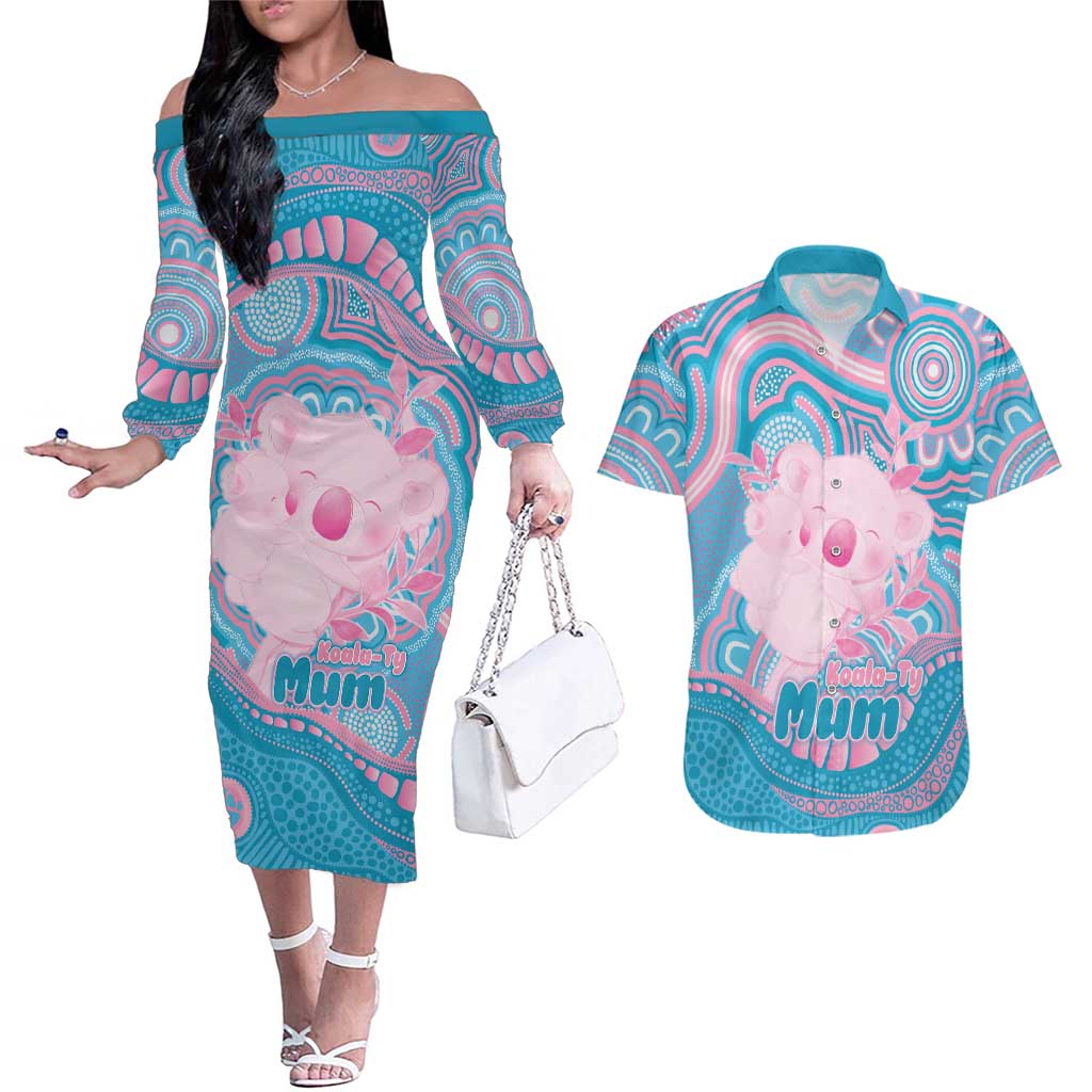 Koala Mum Australia Mother's Day Personalised Couples Matching Off The Shoulder Long Sleeve Dress and Hawaiian Shirt Pink and Blue Aboriginal Art
