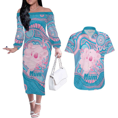 Koala Mum Australia Mother's Day Personalised Couples Matching Off The Shoulder Long Sleeve Dress and Hawaiian Shirt Pink and Blue Aboriginal Art