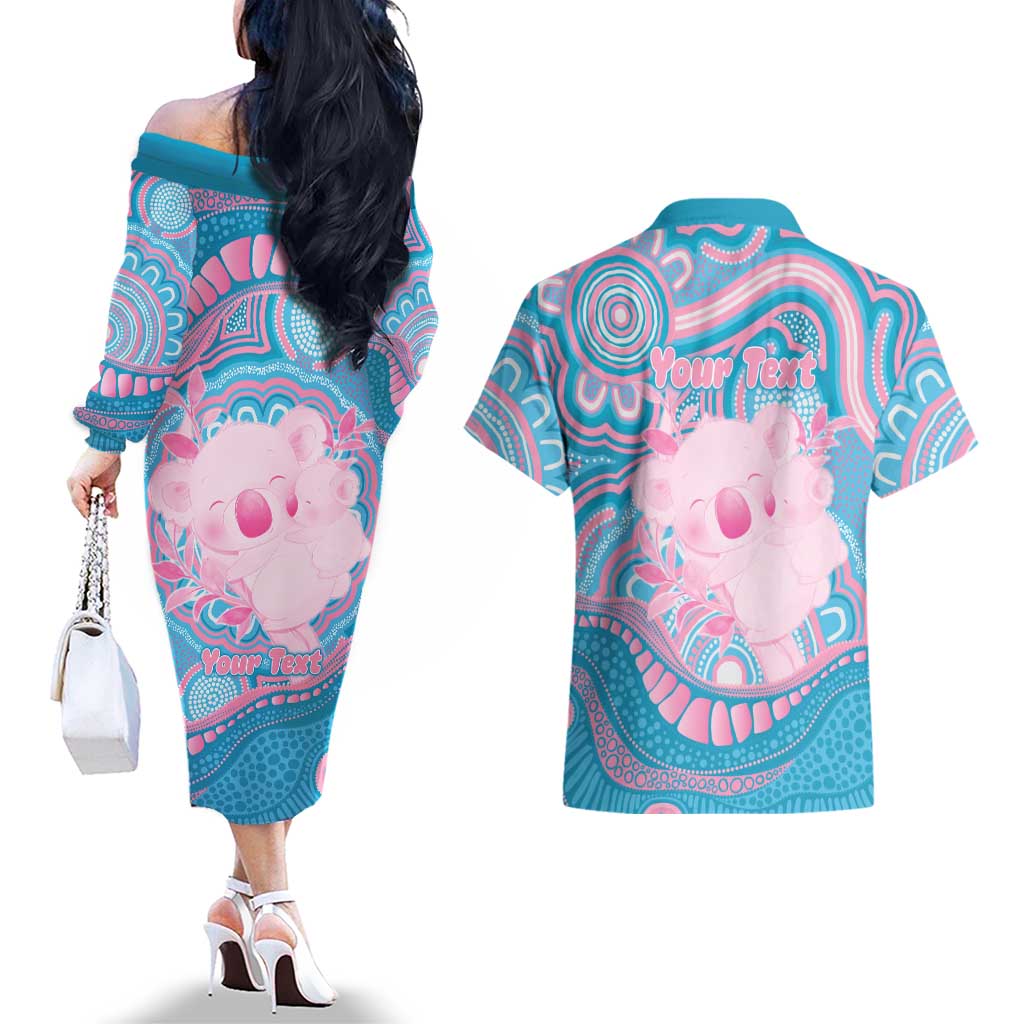Koala Mum Australia Mother's Day Personalised Couples Matching Off The Shoulder Long Sleeve Dress and Hawaiian Shirt Pink and Blue Aboriginal Art