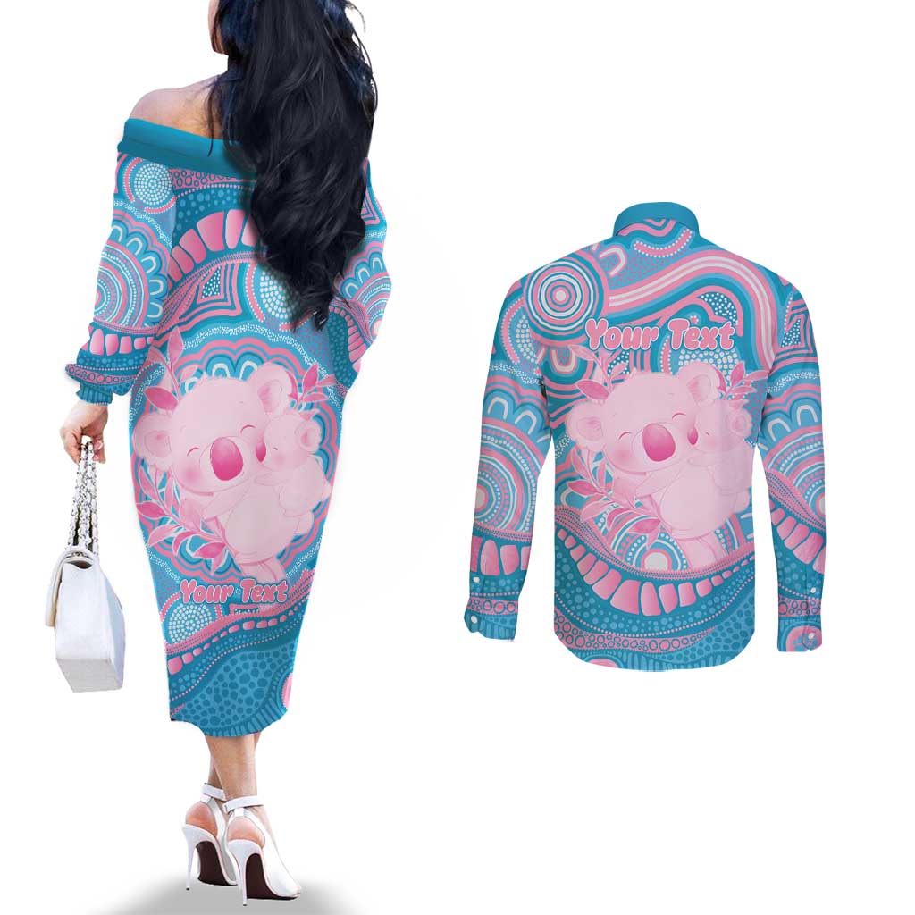Koala Mum Australia Mother's Day Personalised Couples Matching Off The Shoulder Long Sleeve Dress and Long Sleeve Button Shirt Pink and Blue Aboriginal Art
