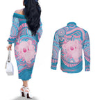 Koala Mum Australia Mother's Day Personalised Couples Matching Off The Shoulder Long Sleeve Dress and Long Sleeve Button Shirt Pink and Blue Aboriginal Art