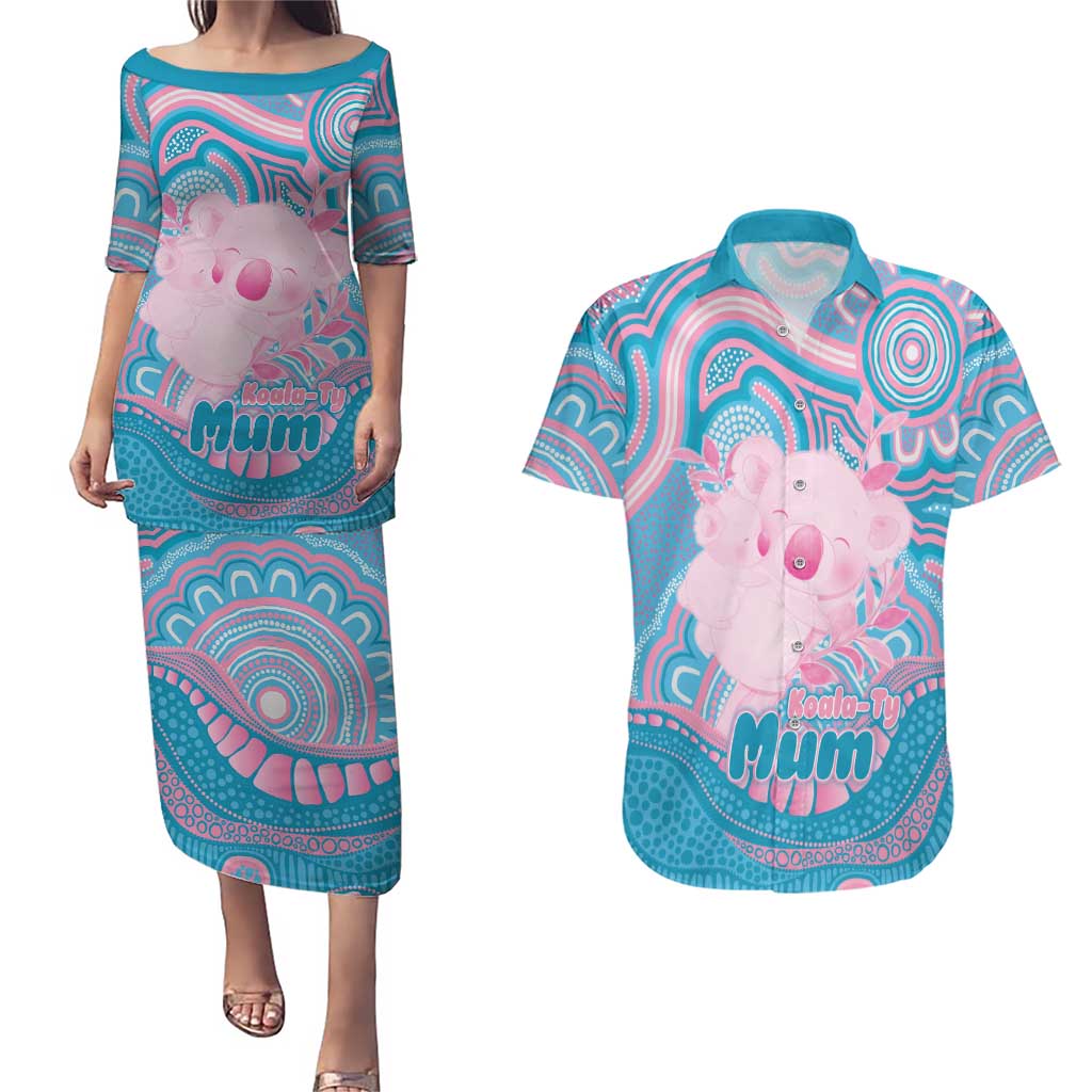 Koala Mum Australia Mother's Day Personalised Couples Matching Puletasi and Hawaiian Shirt Pink and Blue Aboriginal Art
