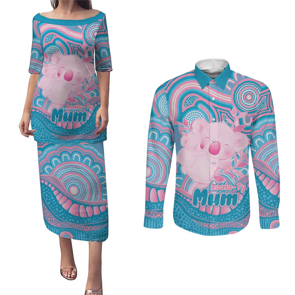 Koala Mum Australia Mother's Day Personalised Couples Matching Puletasi and Long Sleeve Button Shirt Pink and Blue Aboriginal Art