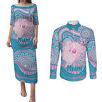 Koala Mum Australia Mother's Day Personalised Couples Matching Puletasi and Long Sleeve Button Shirt Pink and Blue Aboriginal Art