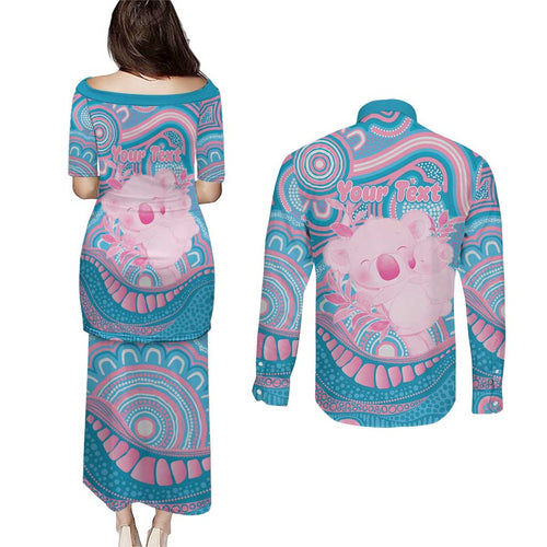 Koala Mum Australia Mother's Day Personalised Couples Matching Puletasi and Long Sleeve Button Shirt Pink and Blue Aboriginal Art