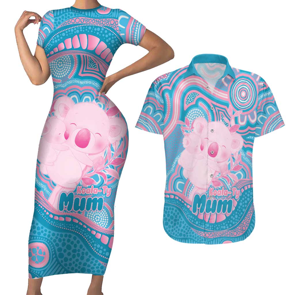 Koala Mum Australia Mother's Day Personalised Couples Matching Short Sleeve Bodycon Dress and Hawaiian Shirt Pink and Blue Aboriginal Art
