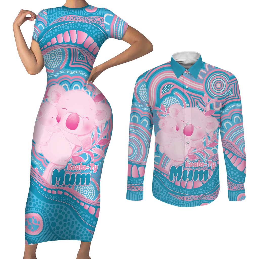 Koala Mum Australia Mother's Day Personalised Couples Matching Short Sleeve Bodycon Dress and Long Sleeve Button Shirt Pink and Blue Aboriginal Art