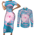 Koala Mum Australia Mother's Day Personalised Couples Matching Short Sleeve Bodycon Dress and Long Sleeve Button Shirt Pink and Blue Aboriginal Art