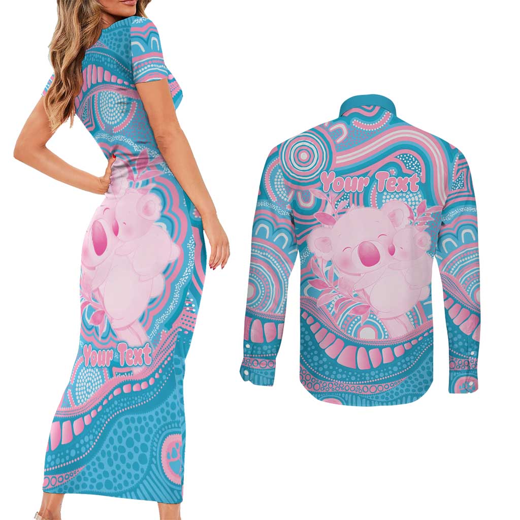 Koala Mum Australia Mother's Day Personalised Couples Matching Short Sleeve Bodycon Dress and Long Sleeve Button Shirt Pink and Blue Aboriginal Art