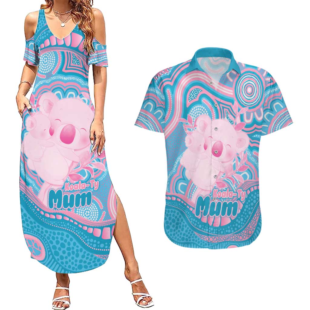 Koala Mum Australia Mother's Day Personalised Couples Matching Summer Maxi Dress and Hawaiian Shirt Pink and Blue Aboriginal Art